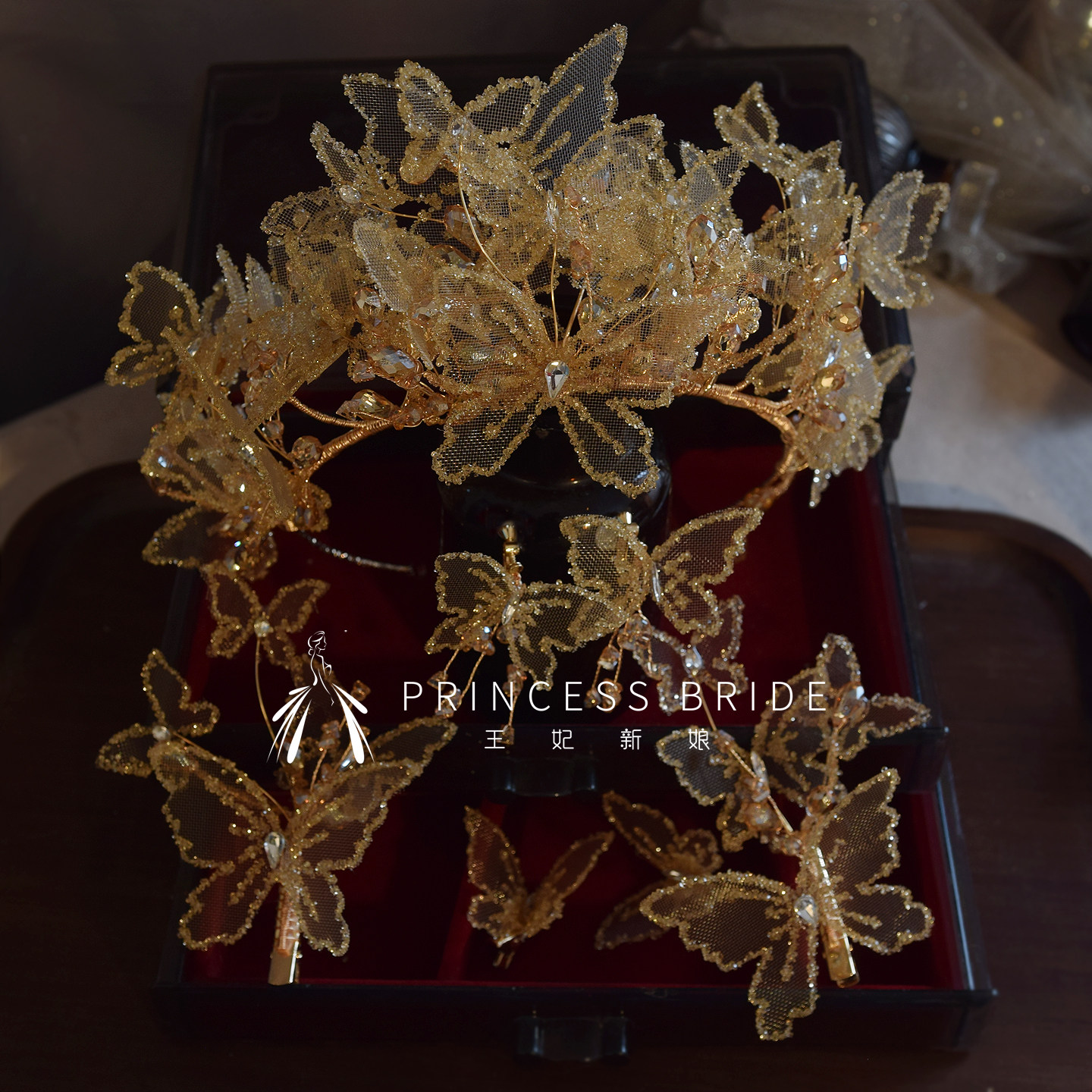 新品新娘金色蝴蝶皇冠头饰高级感水晶发箍王冠发夹耳饰结婚发饰品