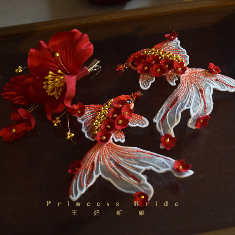 新中式复古红花朵锦鲤发夹头饰