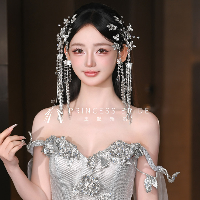 新品气质新娘头饰高级感超仙花朵水钻长流苏边夹婚纱礼服造型头饰