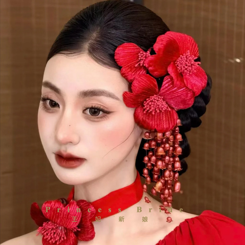 铃兰花朵流苏侧边发夹红色头饰