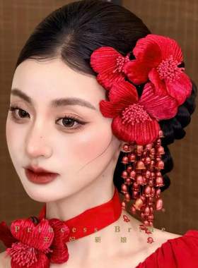铃兰花朵流苏侧边发夹红色头饰