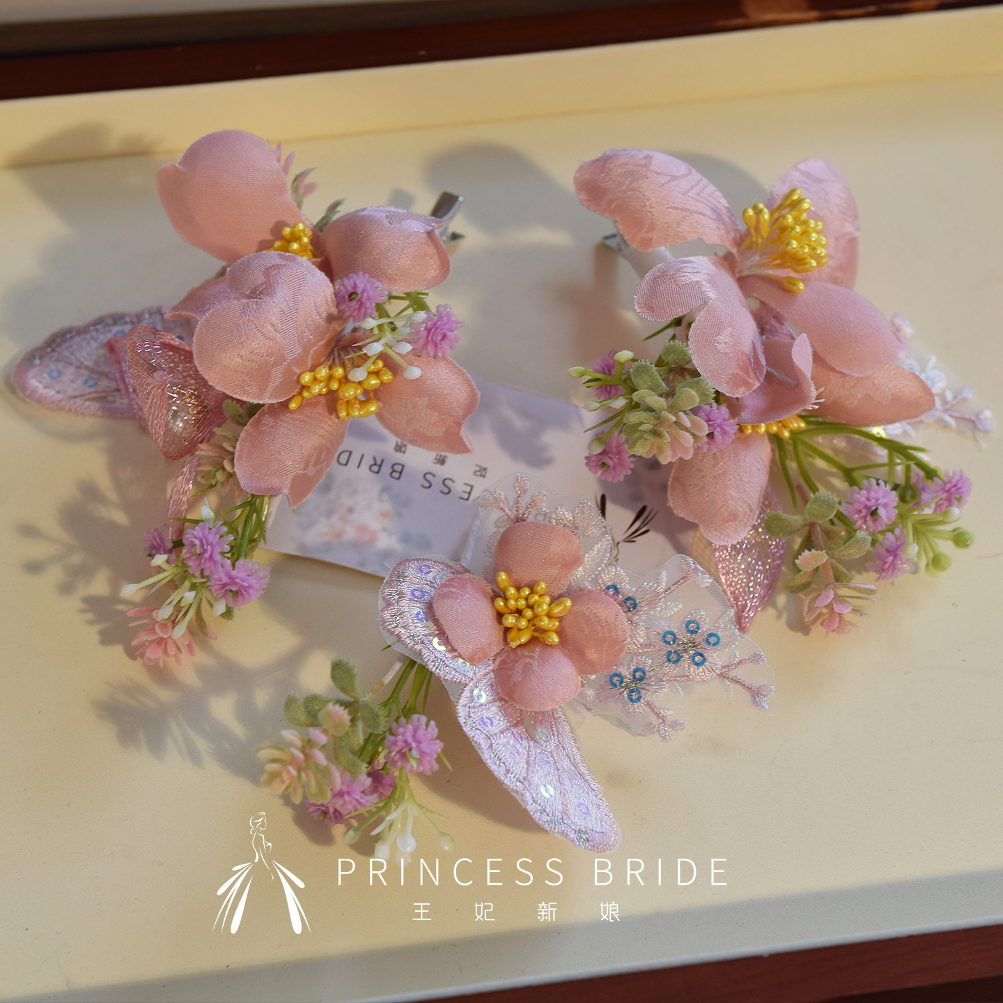 森系粉色花朵发夹新娘晨袍头饰品