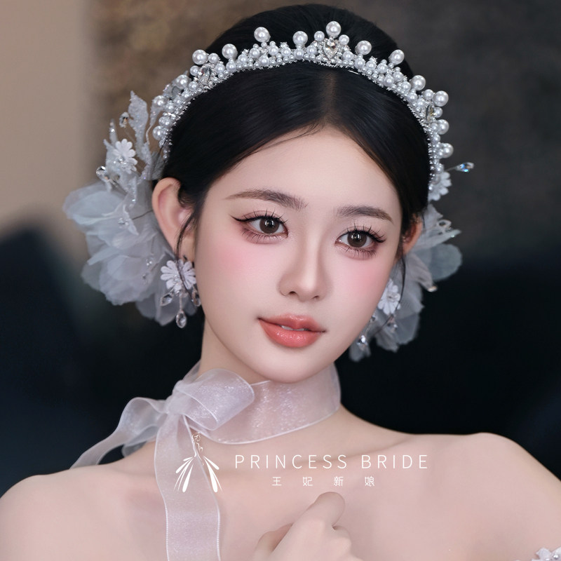 王妃新娘甜美简约珍珠发箍皇冠韩式结婚公主冠白纱侧边夹颈带王冠