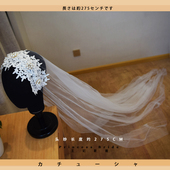 原创新款 拖尾新娘婚纱软纱头饰超仙 复古珍珠拍照道具发箍头纱长款