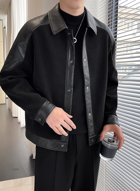 春秋季高级感软PU皮夹克男士外套翻领显瘦灯芯绒拼接上衣短款潮流
