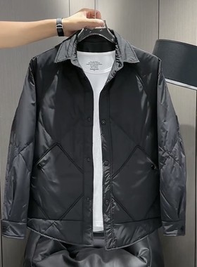 轻薄羽绒服男2023冬季新款高端帅气菱形格翻领夹克保暖休闲外套男
