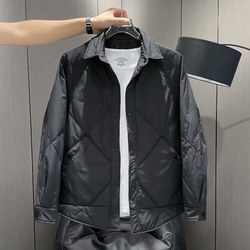 轻薄羽绒服男2023冬季新款高端帅气菱形格翻领夹克保暖休闲外套男