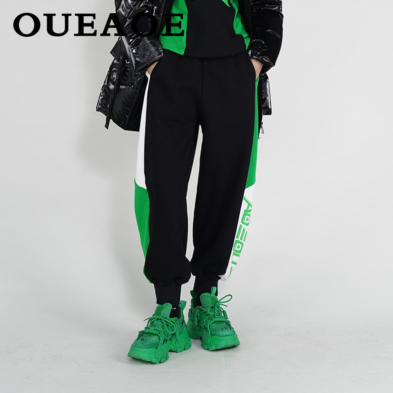 欧e专柜正品女装2023冬装新款个性字母印花卫裤时尚拼色运动裤潮