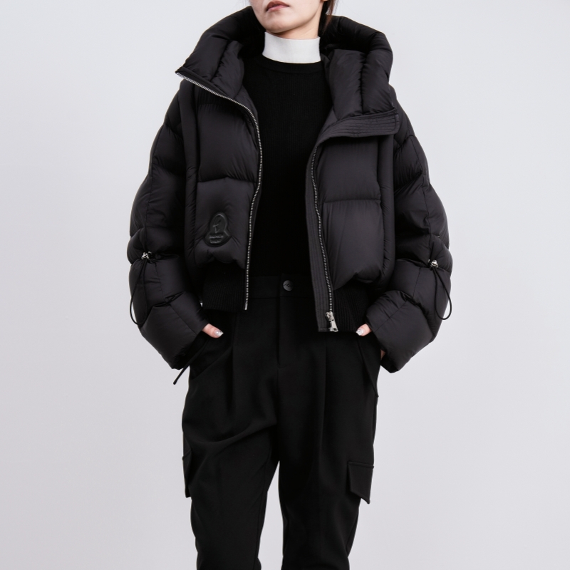 欧E专柜正品女装2025冬装新款时尚针织拼接收腰连帽短款羽绒服潮