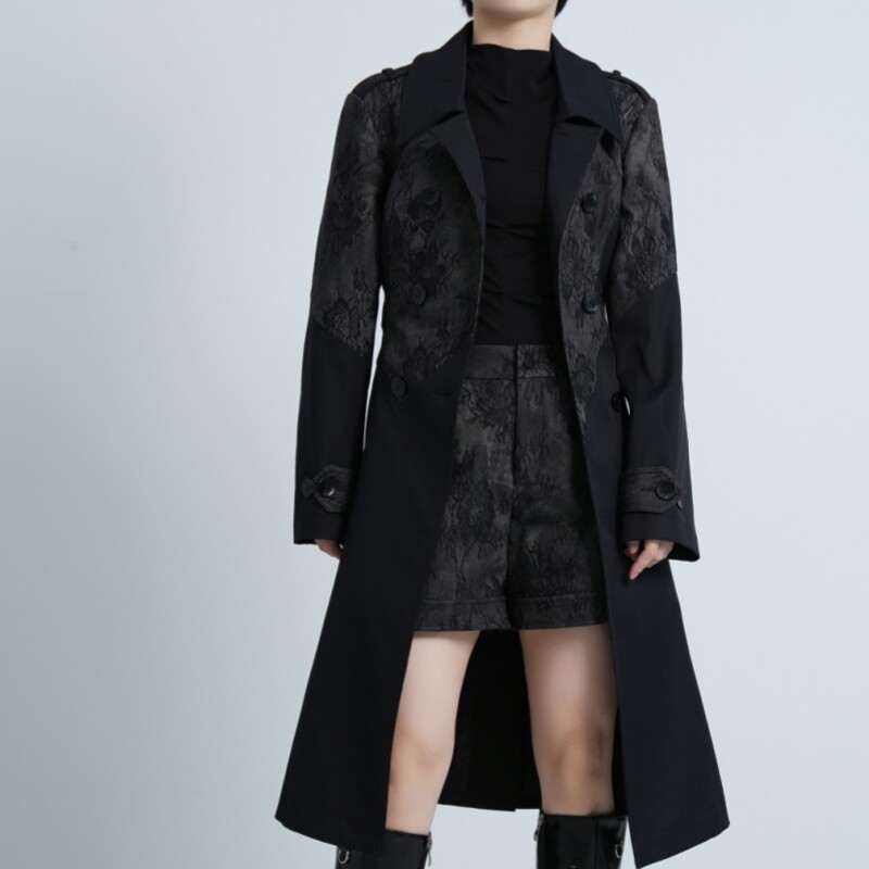 欧E专柜正品女装2026春装新款黑色个性牛仔拼接风衣翻领中长外套