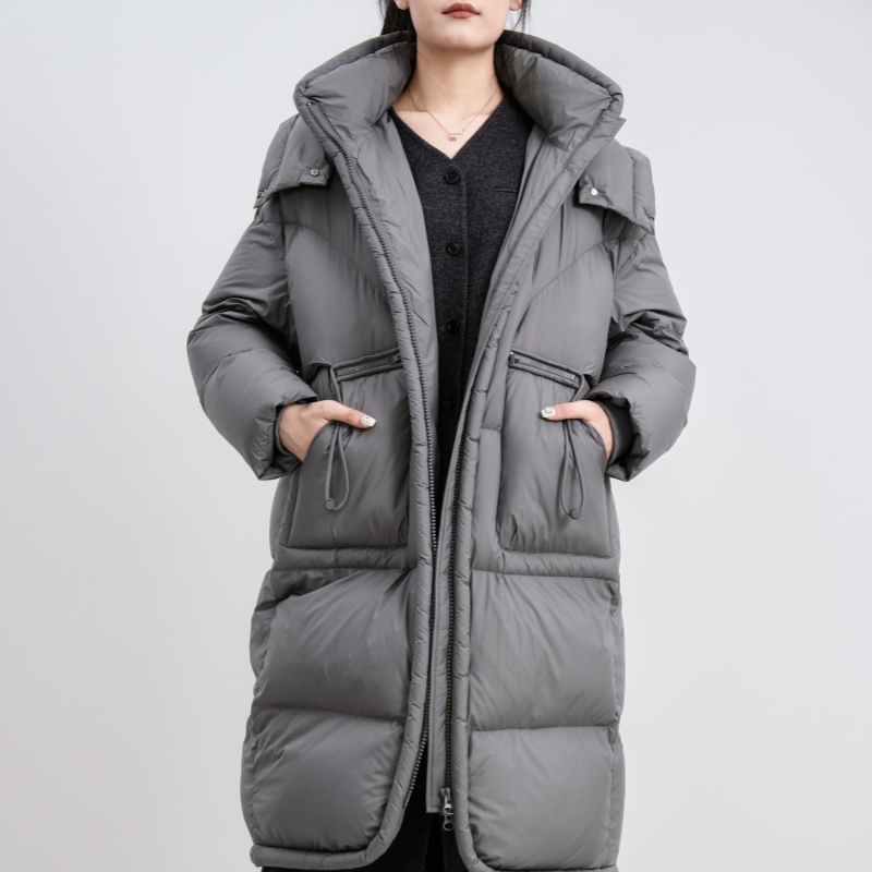 欧E专柜正品女装2025冬装新款时尚口袋设计廓形连帽中长款羽绒服