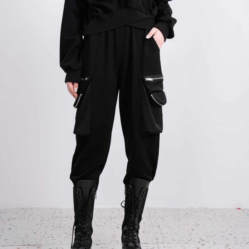欧E专柜正品女装2025冬装新款时尚拉链大口袋松紧腰收口工装马裤
