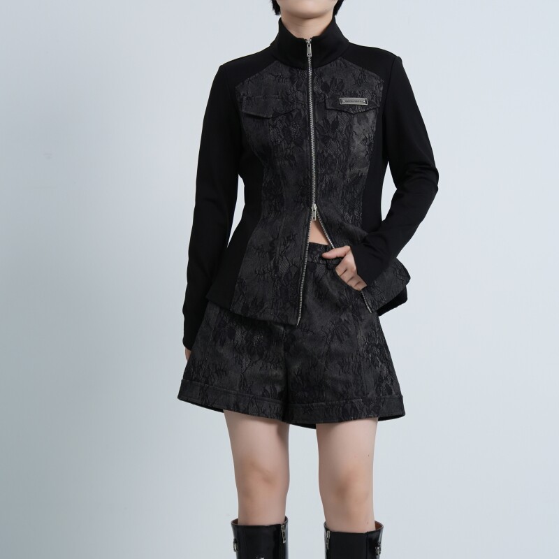 欧E专柜正品女装2026春新款牛仔拼接休闲外套女修身显瘦立领上衣