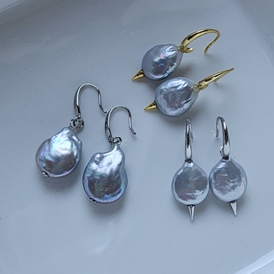 【特清不退换】925银镀金 巴洛克银蓝 天然珍珠耳环 颜色光泽好看