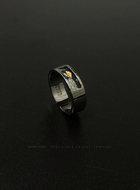 2024新款《观山》戒指男潮流复古小众设计黑色贴金开口可调指环女