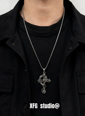 盘龙骷髅十字架项链男女钛钢链