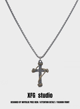 Vintage古着缠绕十字架INS复古欧美说唱嘻哈男女锁骨链个性钛钢链