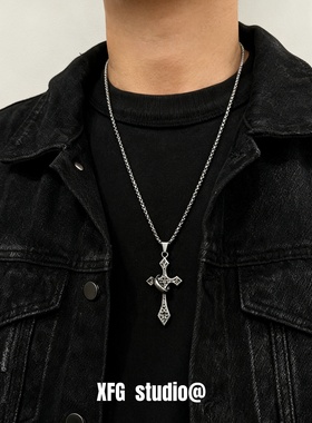 复古钛钢圆环十字架项链男毛衣链