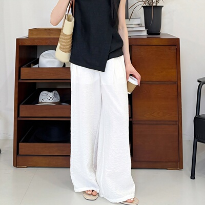 半岛情书丨稀缺丝锦绉丨100桑蚕丝半衬丨真丝皱感阔腿裤-MY5930