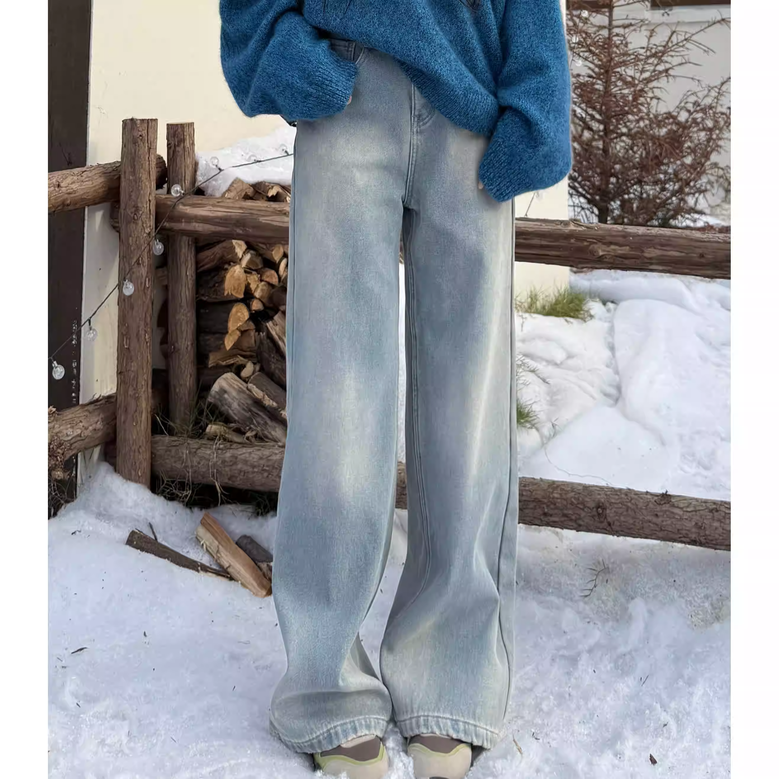 蒙奇奇丨加绒牛仔丨磨白做旧秋冬清爽加厚阔腿直筒牛仔裤-MY6427,女装/女士精品,牛仔裤,淘宝优惠券,粉丝福利购,淘宝优惠卷