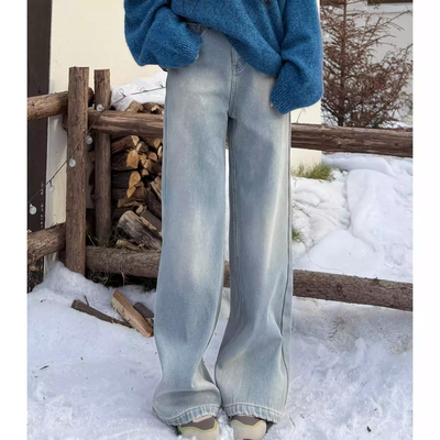 蒙奇奇丨加绒牛仔丨磨白做旧秋冬清爽加厚阔腿直筒牛仔裤-MY6427