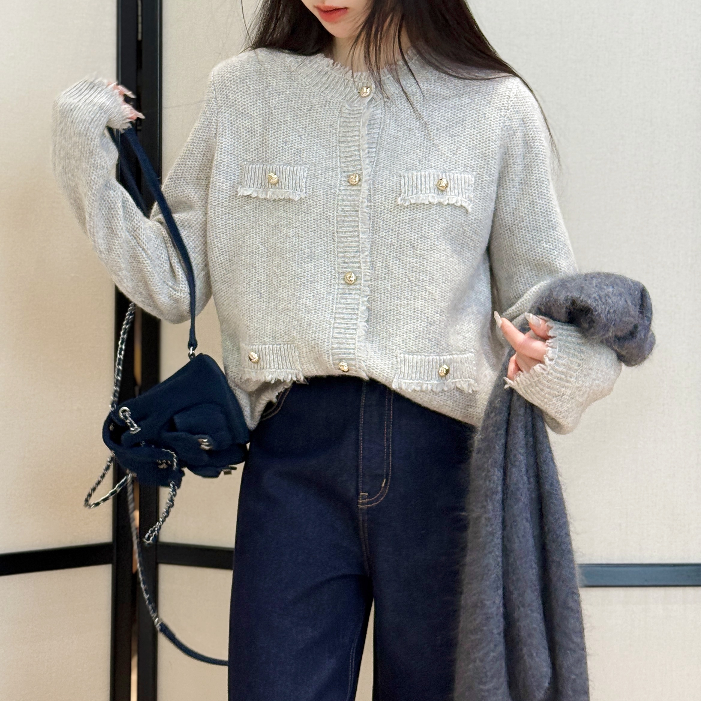 优雅的AB面丨100绵羊毛丨精致小香风厚款箱形廓版针织开衫-MY6462