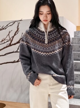 因佛尼斯丨100绵羊毛丨LP风费尔岛提花半拉链宽松套头毛衣-MY6542