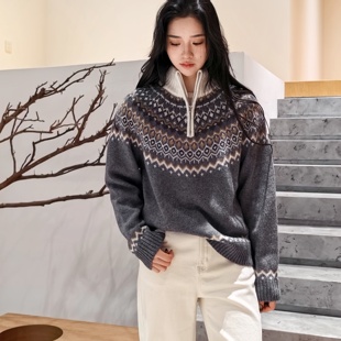 因佛尼斯丨100绵羊毛丨LP风费尔岛提花半拉链宽松套头毛衣-MY6542