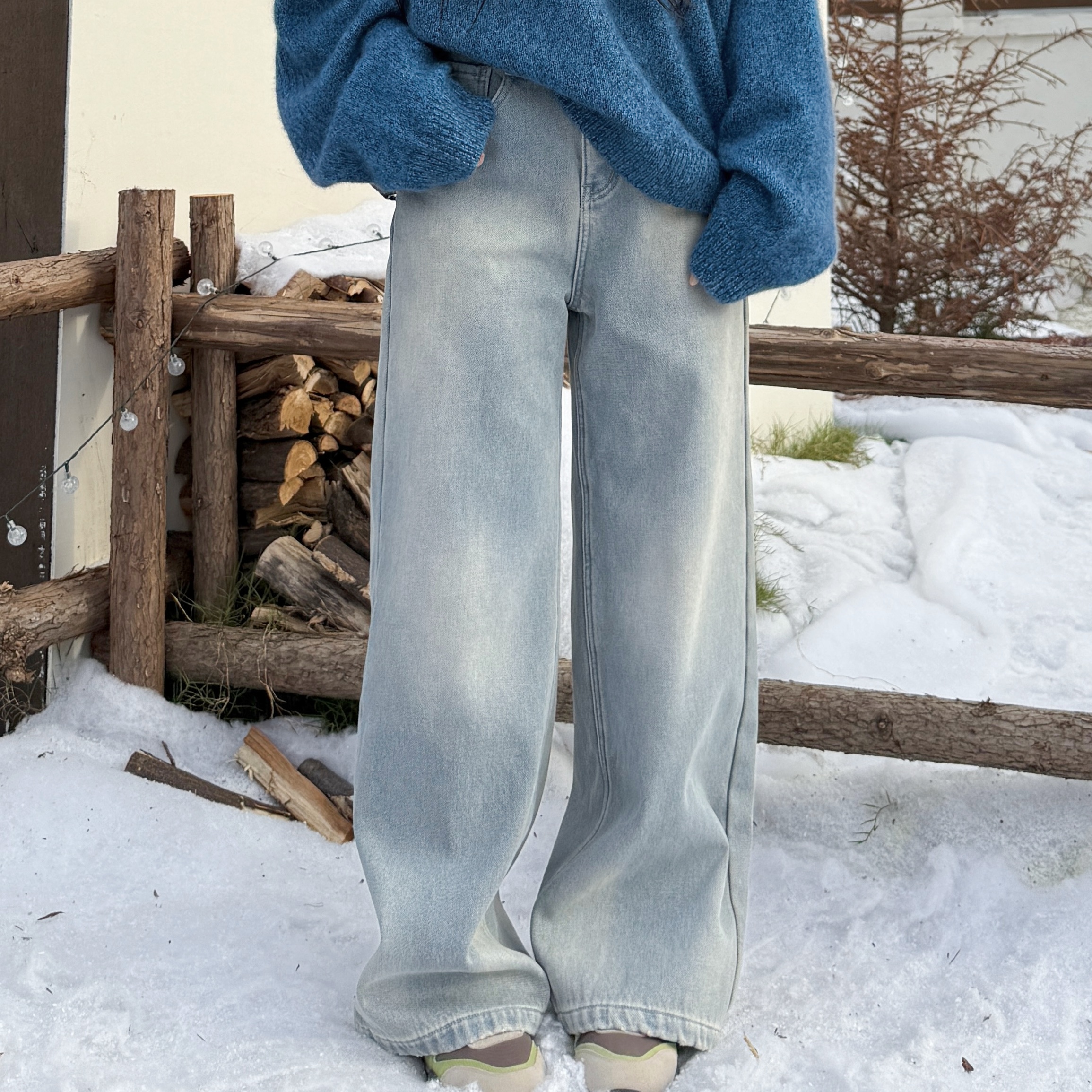 蒙奇奇丨加绒牛仔丨磨白做旧秋冬清爽加厚阔腿直筒牛仔裤-MY6427