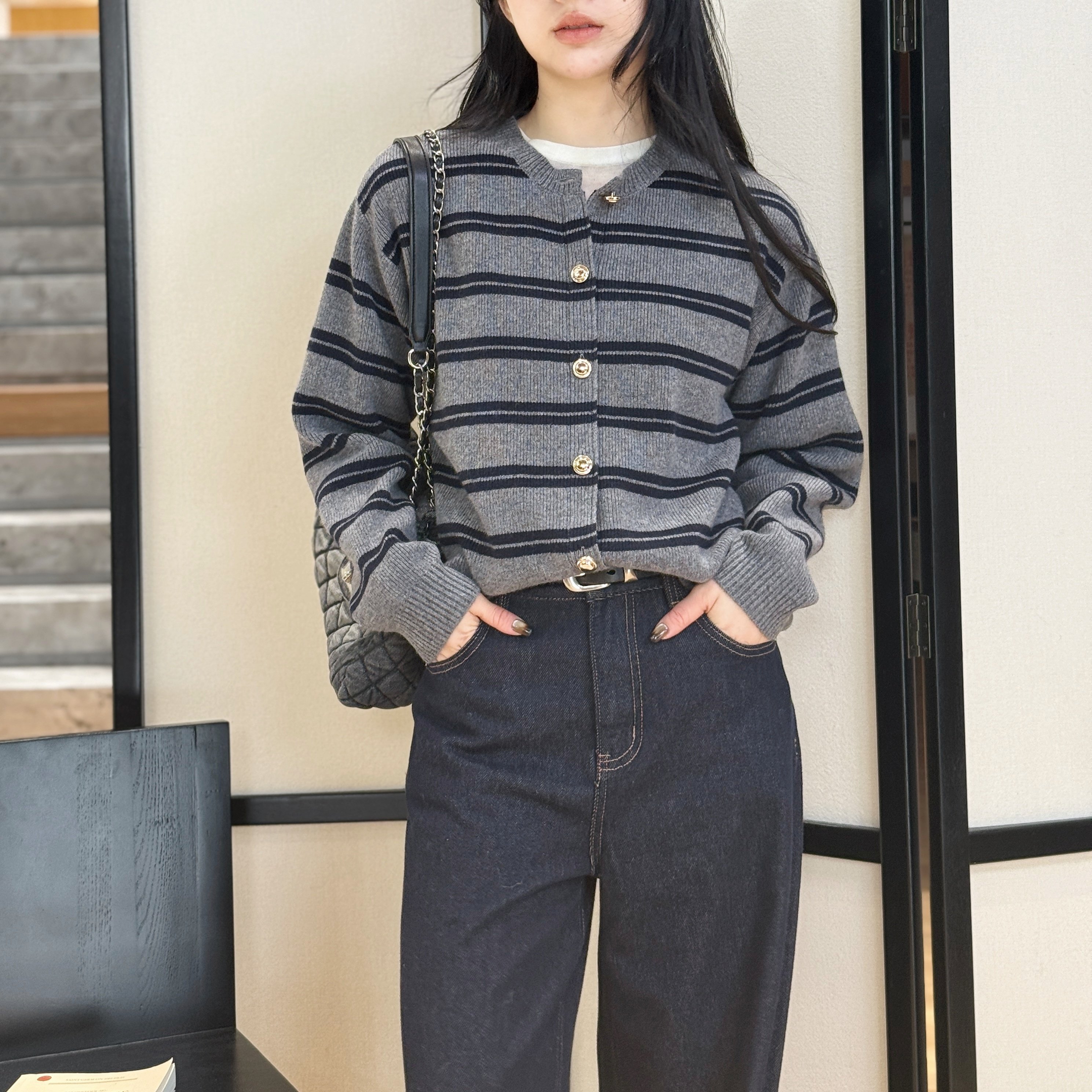 miu系针织丨100绵羊毛丨条纹圆领羊毛针织开衫-MY6535