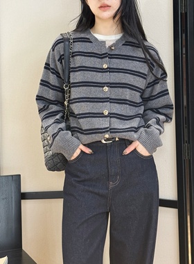 miu系针织丨100绵羊毛丨条纹圆领羊毛针织开衫-MY6535