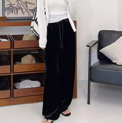 桑蚕丝丝绒丨ROW风gala裤一片式斜裁真丝丝绒直筒阔腿裤-MY4618