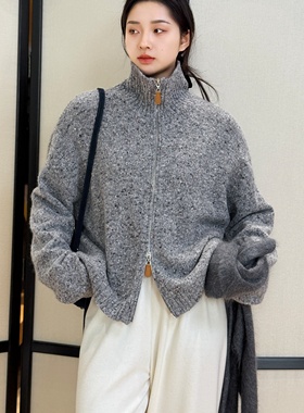 季风向南丨100绵羊毛丨彩点大肚花式纱双头拉链针织开衫-MY6461