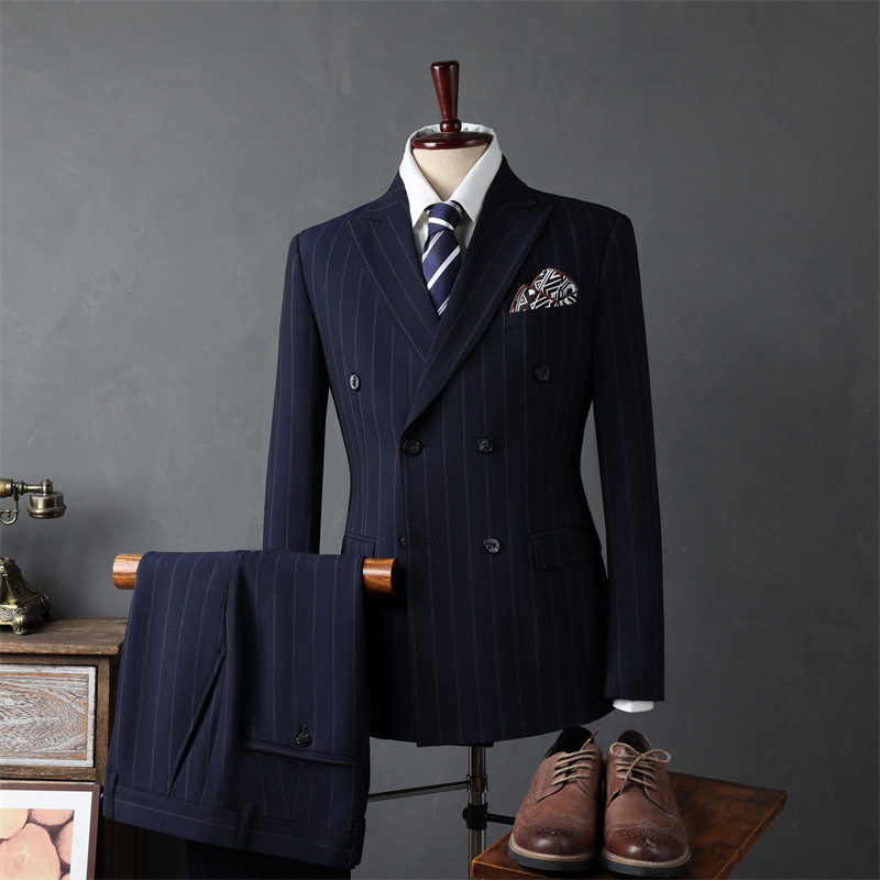 双排扣条纹男士西装套装休闲商务正装新伴郎服结婚西服8013/8015