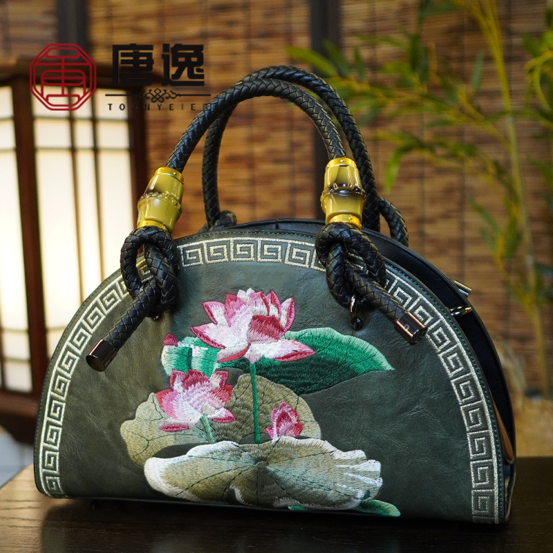 国潮包包古风牛皮旗袍包民族风新中式刺绣复古中式女包婆婆妈手提