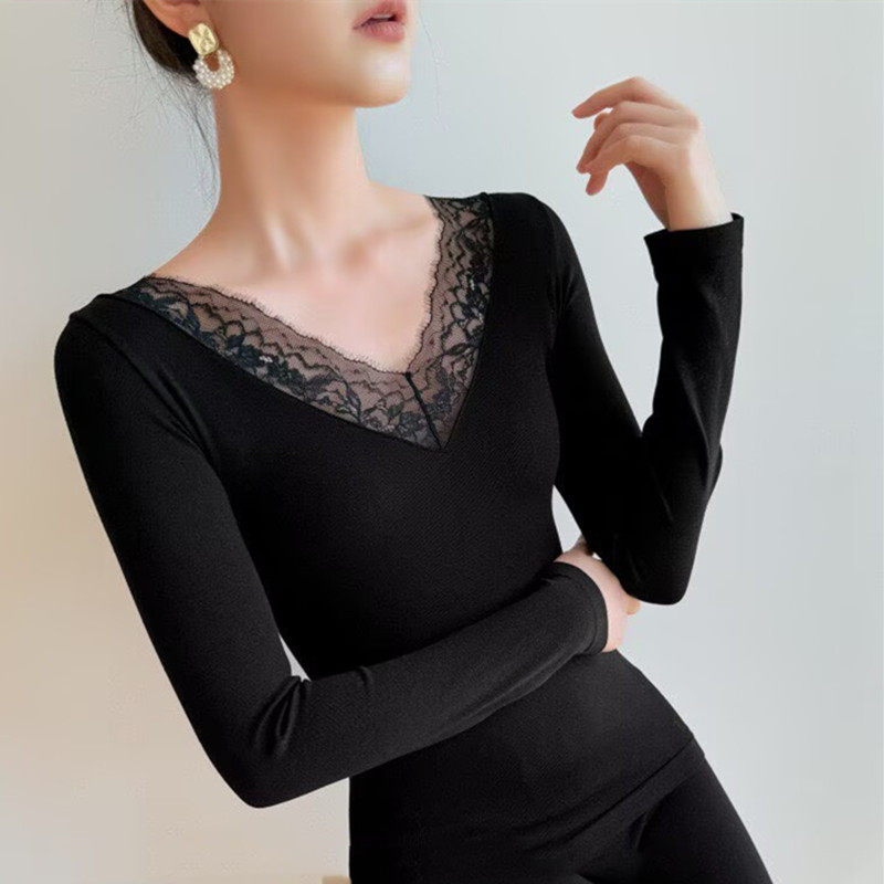 秋冬保暖内衣女套装蕾丝V领发热无缝美体提臀秋衣秋裤打底衫内搭