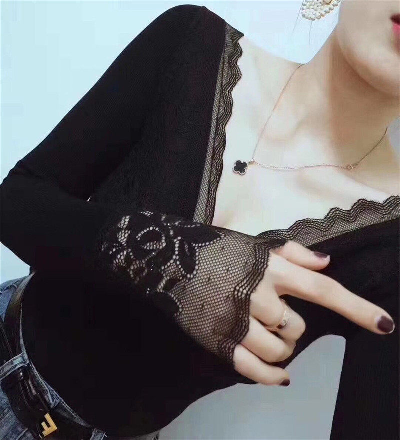 여성용 DEEP V 보온 속옷 심리스 바디 슬리밍 밑단 셔츠 섹시한 레이스 로우넥 가을 코트 긴팔 얇은 이너웨어