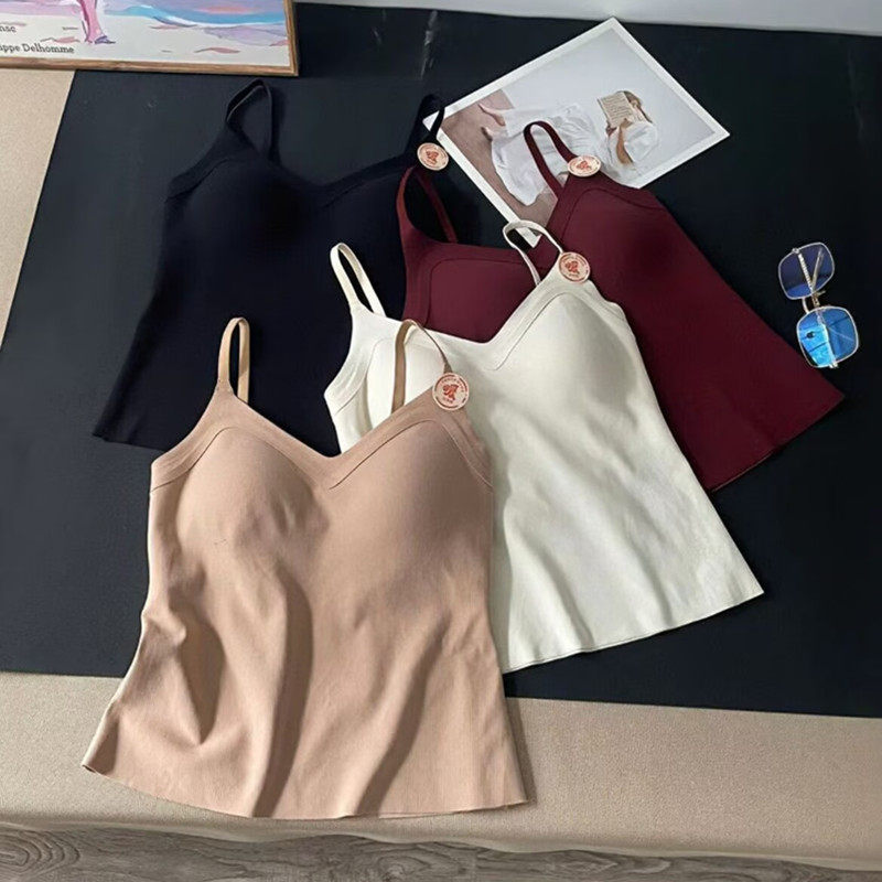 无痕磨毛吊带V领固定杯聚拢打底内搭秋冬暖肤衣细肩带可外穿背心