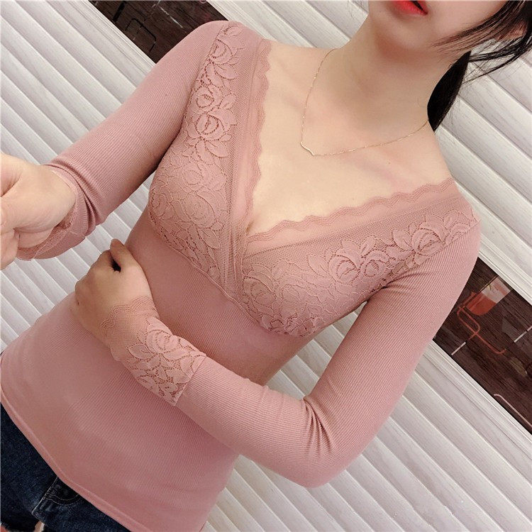여성용 DEEP V 보온 속옷 심리스 바디 슬리밍 밑단 셔츠 섹시한 레이스 로우넥 가을 코트 긴팔 얇은 이너웨어