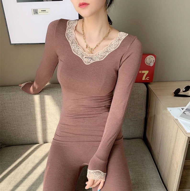 绵羊绒保暖内衣女发热恒温宫廷风圆领蕾丝边修身薄款套装秋衣秋裤