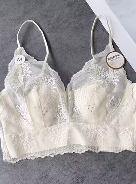 法式文胸兔耳朵固定杯性感薄透蕾丝花边美背V领细肩带黑色抹胸衣