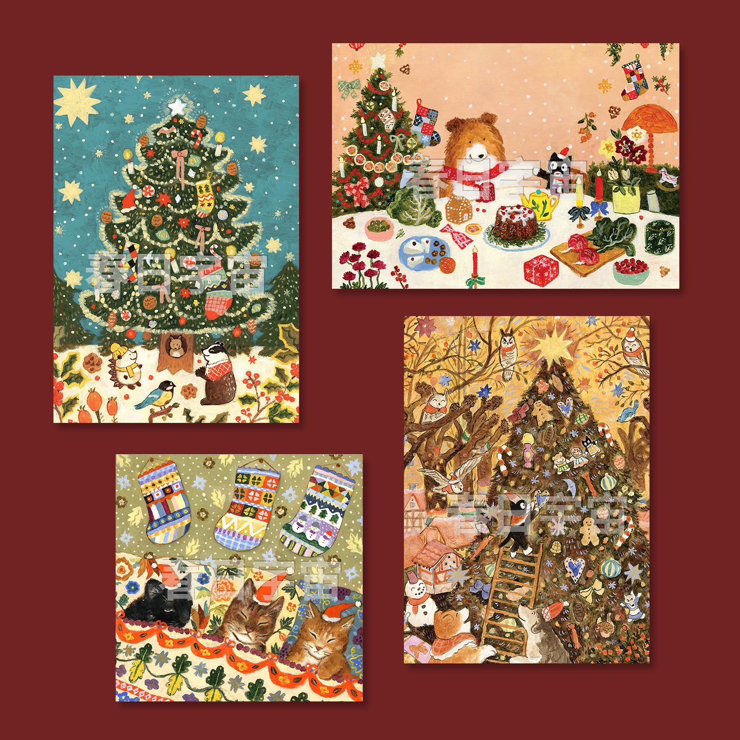 圣诞节新年海报可爱猫咪小狗复古插画墙贴客厅背景玄关装饰画礼物