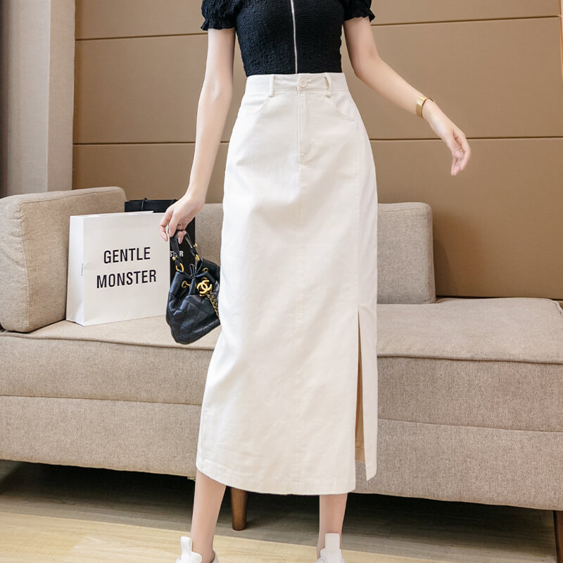 现货开叉牛仔裙半身裙女长裙春装2022新款包臀裙高腰中长款裙子A