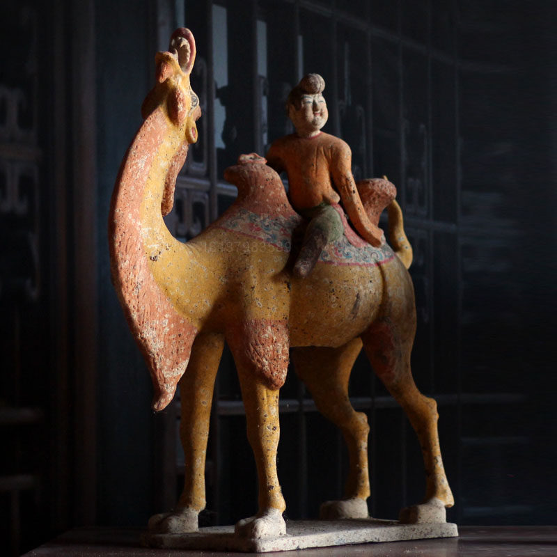唐代彩绘骆驼摆件纯手工仿古陶器载人驼中式家居摆件古董收藏