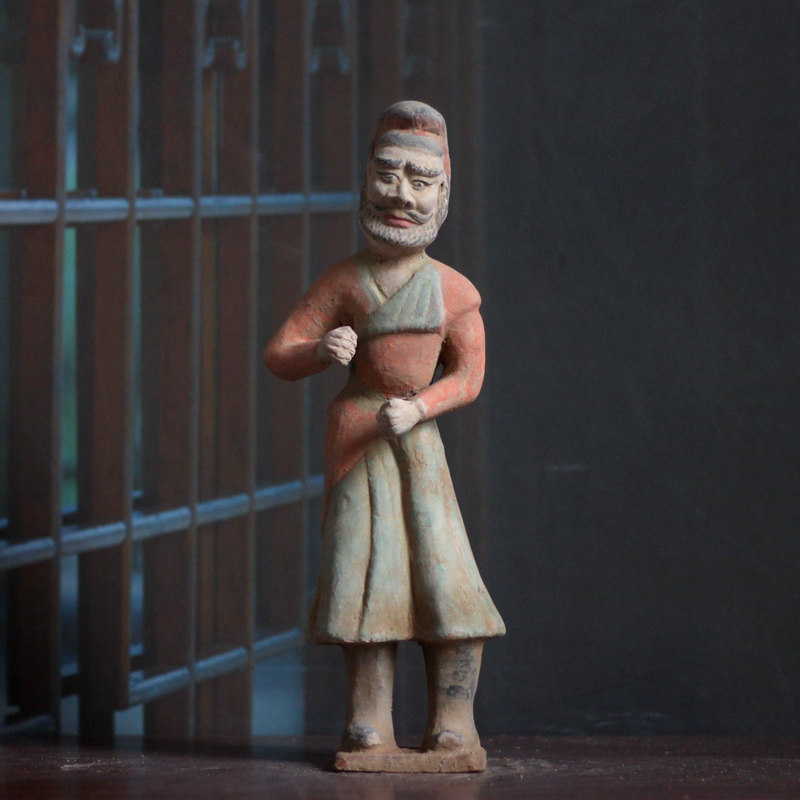 仿古陶俑摆件手绘画彩胡人牵马俑陶器摆件古典老货老物件收藏礼品