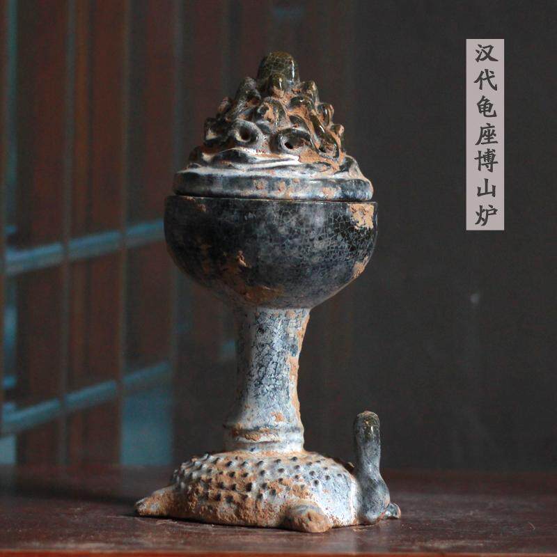 汉绿釉仿古陶器香炉博山炉兽托浮雕狩猎纹盖老物件灰陶器装饰摆件