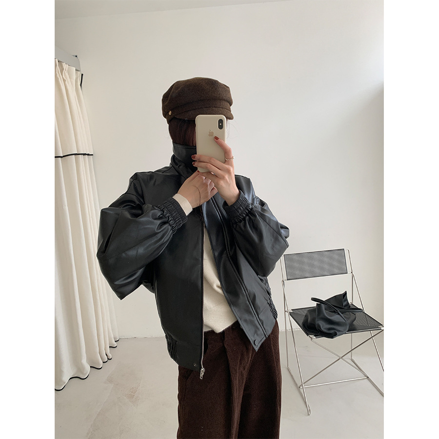 英伦风翻领风衣皮外套女