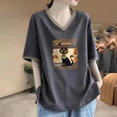 显瘦遮肉上衣 V领宽松大码 外贸出口清仓100%纯棉气质短袖 t恤女夏季