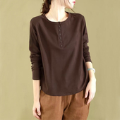 时尚 外贸清仓捡漏纯棉文艺长袖 T恤女春秋新款 休闲百搭打底上衣潮
