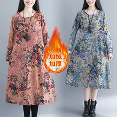 Mùa thu mới phong cách dân tộc retro in cotton dài tay và váy lanh nữ văn học kích thước lớn lỏng lẻo váy dài thủy triều